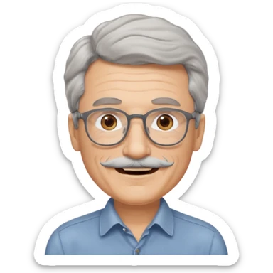 Generate a portrait of a slightly older man with glasses. His hair is quite thin, gray, but wavy. He has brown eyes, a mustache, and is smiling. sticker