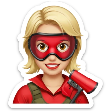 blond girl playing paintball with red paintball face mask sticker