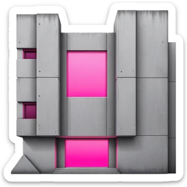 Minimalist gray concrete building with one window glowing bright pink, brutalist architecture sticker