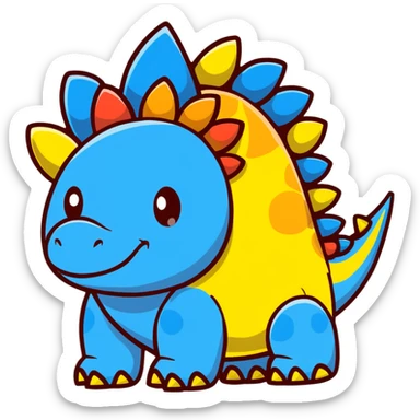 A cartoon blue toy stegosaurus with a friendly face and colorful spikes sticker