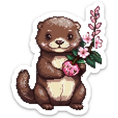 cute otter holding a cherry blossom flower sticker