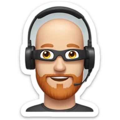 bald man smiling with reddish beard wearing a VR headset quest 3 sticker