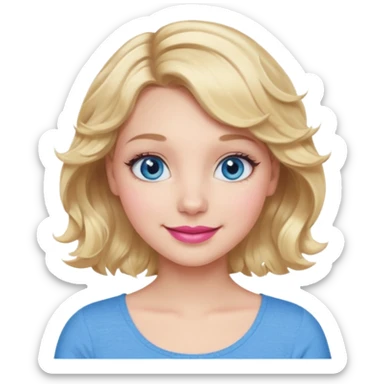 Girl Blonde short wavy hair,  blue eyes, cute blue top, long lashes, pink lips, 👄 smiling  sticker