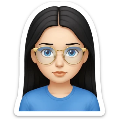 a black haired girl with blue eyes and glasses with blue shirt and long hair and gold glasses sticker