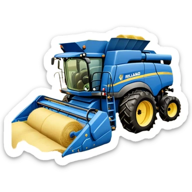 New Holland Roll-Belt 560 (2018) – Cinematic-realistic New Holland Roll-Belt 560 baler, its blue body steadily compressing golden hay into tight, round bales. The rhythmic motion of the machine continues as dust swirls in the afternoon heat, with rows of freshly cut grass stretching toward the horizon. sticker