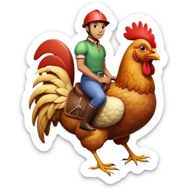 person riding a giant chicken like a jockey, funny meme, comical, human jockey on chicken sticker