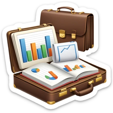 Icon for Business Reading: a prominent open book in the foreground with a briefcase, a laptop and a notepad around it, with a bar graph symbolizing ideas and growth. The icon should represent the knowledge and strategy of business literature. Transparent background. sticker