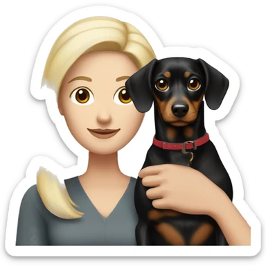 Blonde white woman and Brunette white woman holding black and tan dachshund sticker