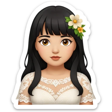 Latina girl with bangs black long hair plus size white lace dress with flowers sticker