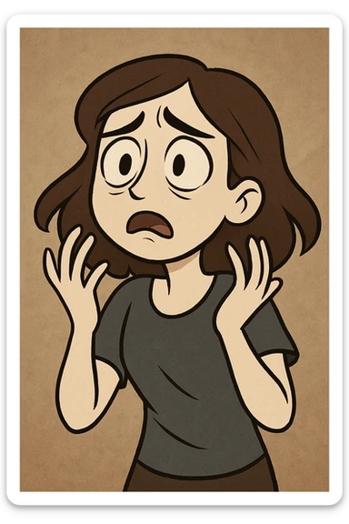 a pale, brunette girl acting, showing dramatic emotions, cartoon style sticker