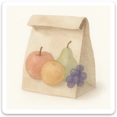 watercolor style lunch bag with fruit inside, soft edges, gentle colors, artistic look sticker