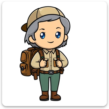 white woman park ranger with blue eyes, brown and gray hair, wearing a backpack, standing in a nature background sticker