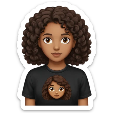 girl with brown skin, dark curly brown hair shoulder length and black crewneck t-shirt sticker