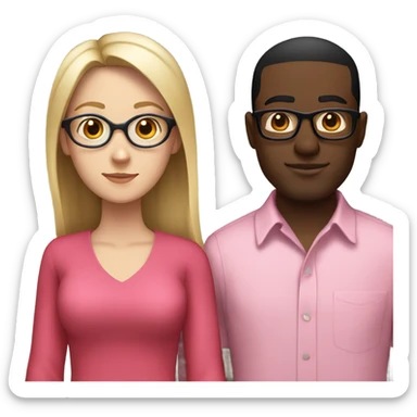 white woman with no glasses wearing a pink dress standing with a black guy with glasses wearing a red shirt sticker