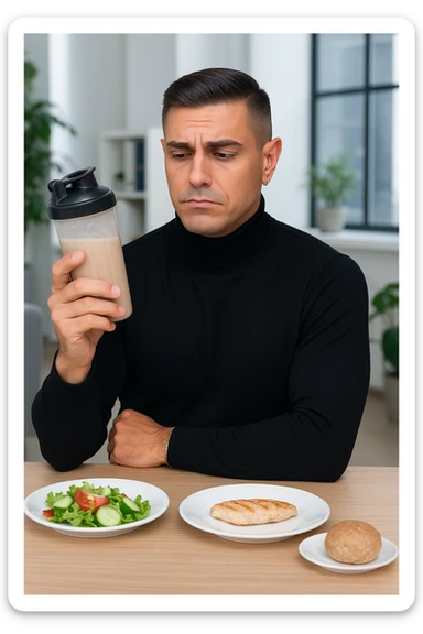 un uomo in abiti da ufficio tiene in mano uno shaker o una bottiglia di sostituto pasto, guardandolo con un’espressione neutra o leggermente indecisa. Sul tavolo davanti a lui ci sono piatti di cibo solido non toccati, come insalata, pollo e pane, a sottolineare la sua scelta di evitare il pasto tradizionale. L’atmosfera è moderna e riflessiva. sticker