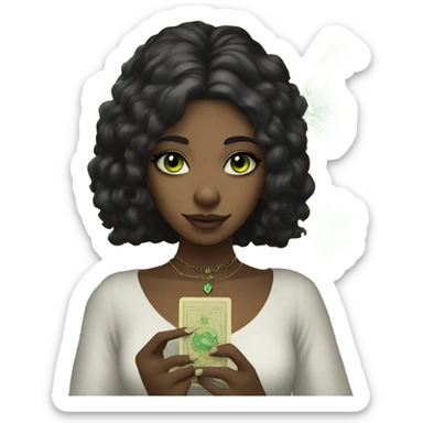 Girl with green eyes black hair and nose ring piercing with taro cards sticker