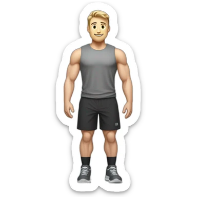 Full height Actively gesturing with hands Pale skinned Fit Man With the biceps and light brown hair with Bristle in dark gray Sleeveless Mike, black oversize sports shorts and white Sneakers sticker