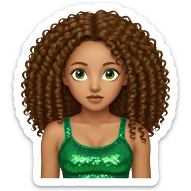 Melanie Brown with long brown curly hair, green sequin crop top, dark brown eye sticker