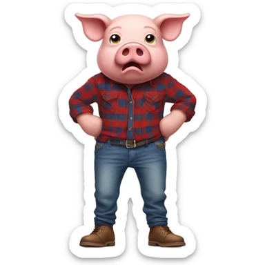 An angry humanoid pig wearing a red long sleeved flannel with blue jeans and brown shoes sticker