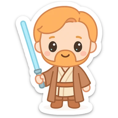 Obi-Wan Kenobi chibi style, oversized head, small body, holding blue lightsaber, Star Wars, plain background sticker