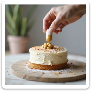 realistic concept of integration as the final touch, hand adding a supplement capsule on a decorated cake, expression of satisfaction, creative details, bright home environment sticker