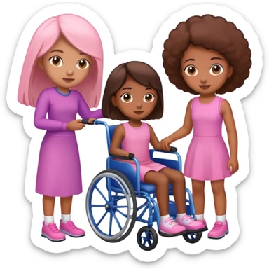 One tan skin sister standing behind her brown skin sister in a pink wheelchair sticker