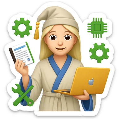Create an emoji style image of a wizard in a white cloak, holding a resume and a laptop, surrounded by engineering icons. The engineering icons should be green in color. The style should reflect the look of apple style emojis with concise details and vibrant colors. sticker