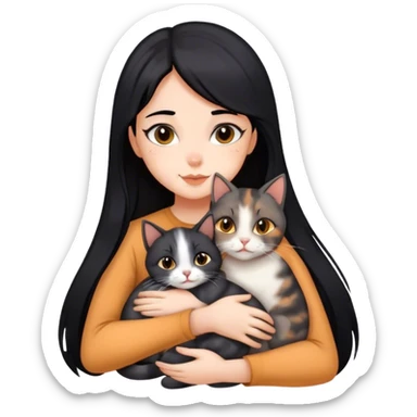 girl with black hair hugging three cats  (tortie cat, gray cat, brown calico cat) sticker