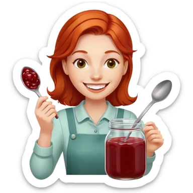 redhead woman with big smile taking some jam with a spoon from glass jar sticker