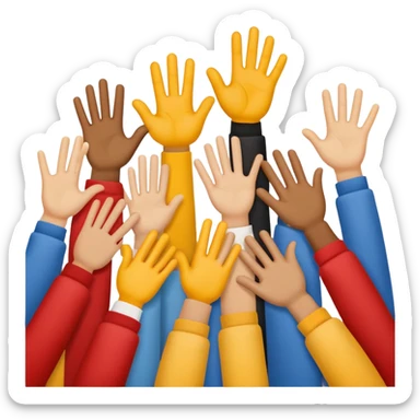 Emoji-style icon showing several diverse hands high-five together, symbolizing unity and team spirit. Flat minimal Apple-style emoji, bright colors, white background, soft shadows. sticker