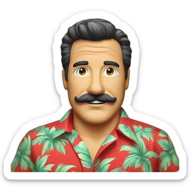 Smiling Magnum PI with a big mustache in a red Hawaiian shirt sticker