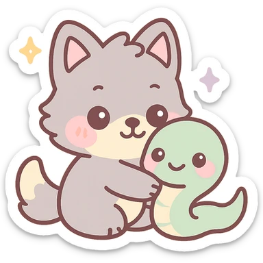 kawaii wolf hugging a kawaii snake, chibi style, blushing cheeks, sparkles sticker