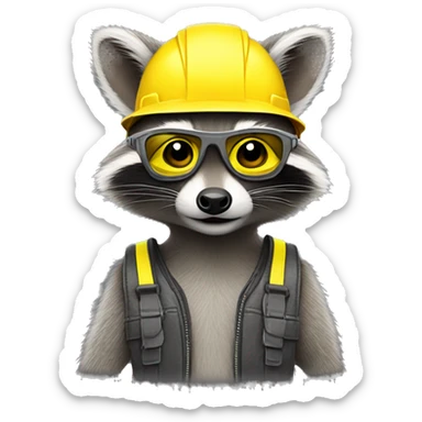 gray raccoon with yellow helmet, safety glasses and ear protectors sticker