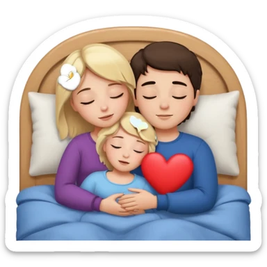 cuddling in bed, asleep. blonde girl. brunette boy. eyes closed. heart between them. sticker