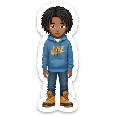African American boy with short black dreadlocks wearing a Nike hoodie wearing denim skinny jeans and timberland boots with his hands folded across chest sticker