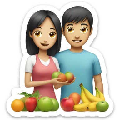 Asian girl giving fruits, man with blue eyes sticker