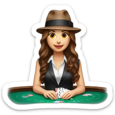 female with brown wavy hair playing poker with a poker dealer hat sticker