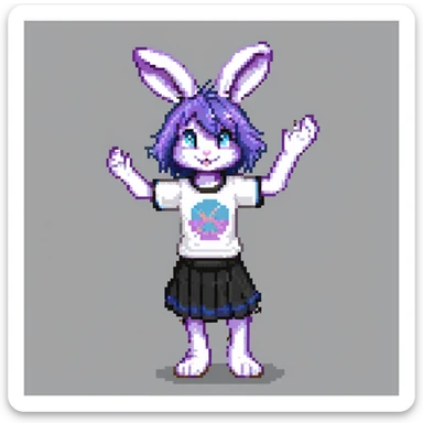 furry anthro male bunny with purple hair, blue eyes, purple and white fur, t-shirt and skirt, pixel art style, waving sticker