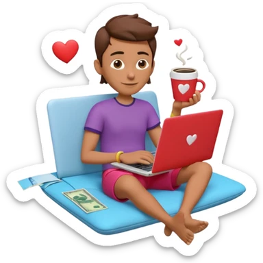 3D clay character relaxed with laptop and coffee, floating icons (envelope, heart, dollar), colofrful outfit, floating icons, white laptop, Pixar style, transparent background sticker