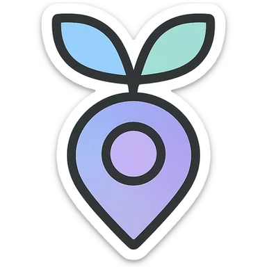 nutrition navigator icon Nora, abstract friendly symbol resembling sprout or leaf emerging from map marker, smooth gradient of light blue, light purple, and light gray, no human face or limbs sticker