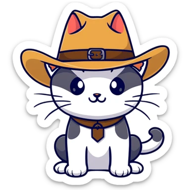 cat wearing a cowboy hat, cartoonish sticker style sticker
