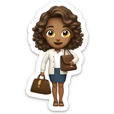 tan skin girl with brown slightly wavy hair, wearing a white cardigan and holding a purse sticker