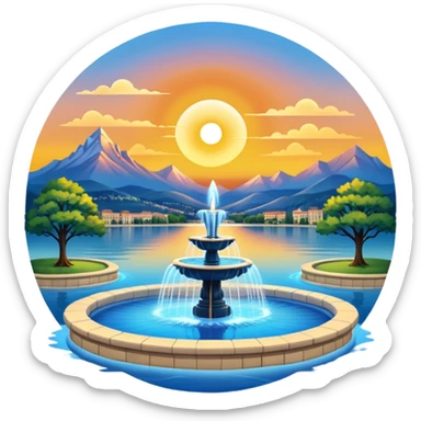 Please generate an image of a sunrise illuminating a lake with a huge fountain like that in the Geneva lake and some mountains in the background. sticker