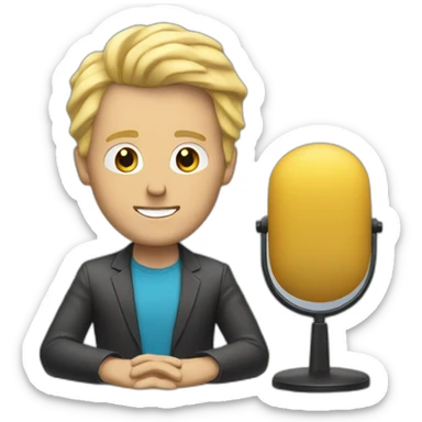 white guy with blonde hair behind a podcast mic on a table sticker