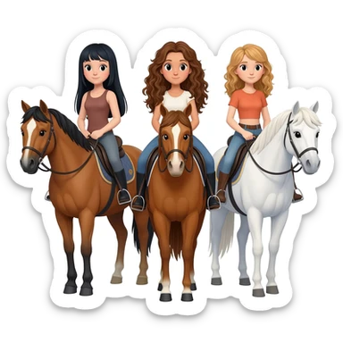 Three horses white bay and sorrel with three riders on the bay horse a girl with dark straight hair on the sorrel horse a girl with wavy brown hair and on the white horse a girl with sandy hair sticker