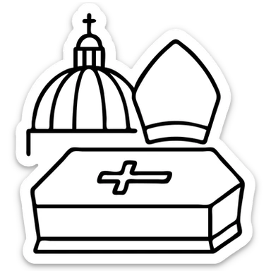 Simple symbolic representation of a papal funeral with St. Peter's dome, a papal mitre, and a ceremonial coffin sticker