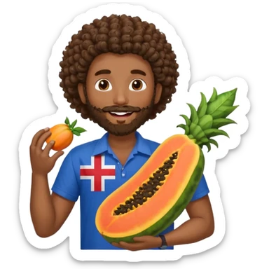 A very happy papaya with lipstick and eyelashes hugging a medium dark skinned curly hair man with a beard and Dominican flag on his shirt   sticker