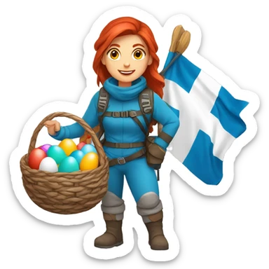 Greek Female winter mountaineer red hair white skin climbing with Greek Flag and Easter eggs basket sticker