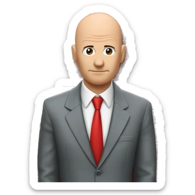 Serious Bald man with suit and red tie and leather gloves with back against wall peaking around corner of red brick wall onto a street sticker