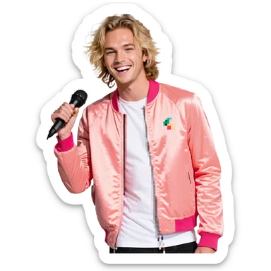 Expressive male performer, Caucasian features, tousled sandy blonde hair, lively eyes, wide cheerful smile, wearing a coral pink jacket over white tee, tossing a microphone in one hand, waist-up, front-facing sticker